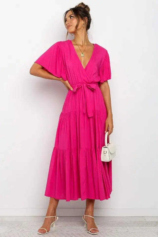 Trendy Solid Color Ruffles Long Dresses Women Sexy V-neck Ruffle Sleeves Leace-up Temperament Elegant Lady Dress 2025 Summer New 45 undefined