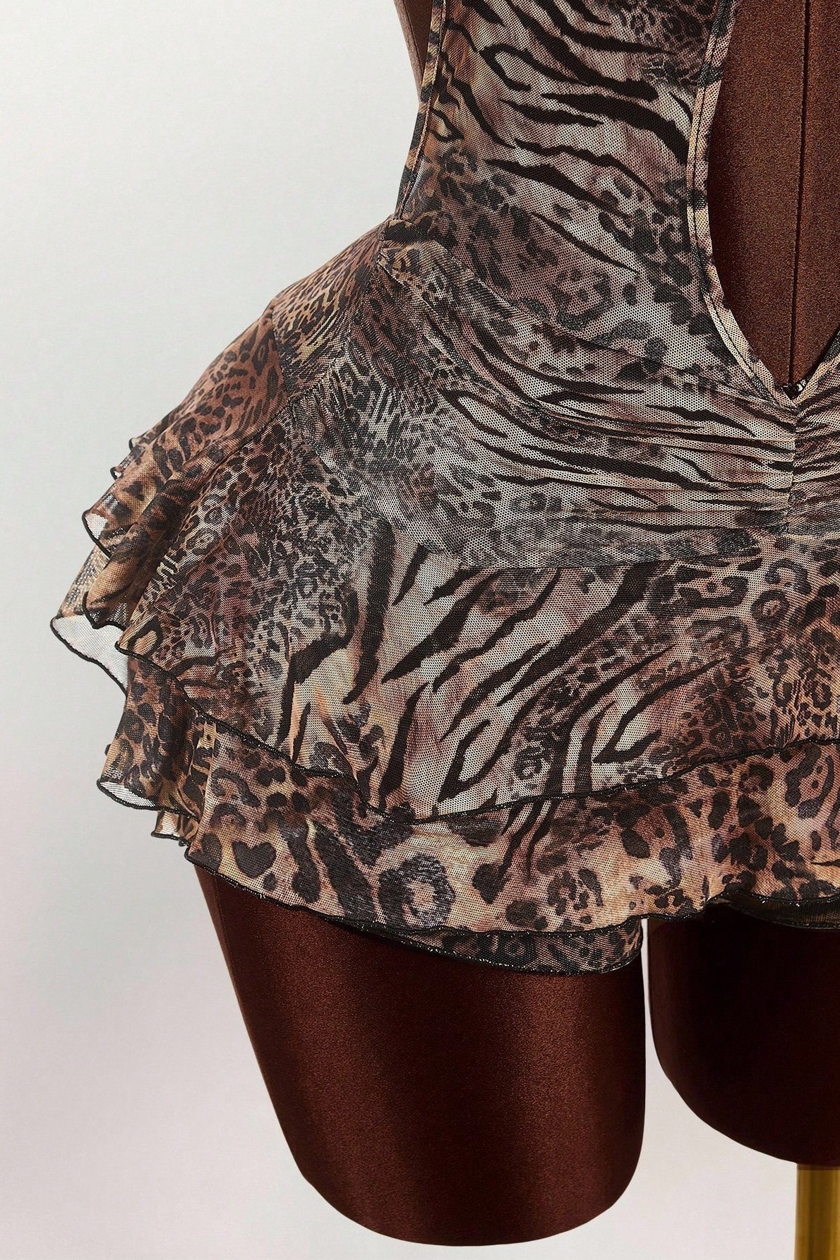 Halter Neck Deep V-Neck Keyhole Cutout Tiered Ruffle Print Mini Dress