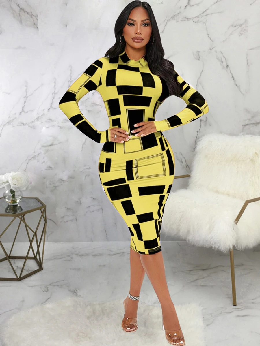 SXY Geometric Print Patchwork Bodycon Dress Mock Neck Body-shaping Long Sleeve Stretchy Women Skinny Streetwear Clothing