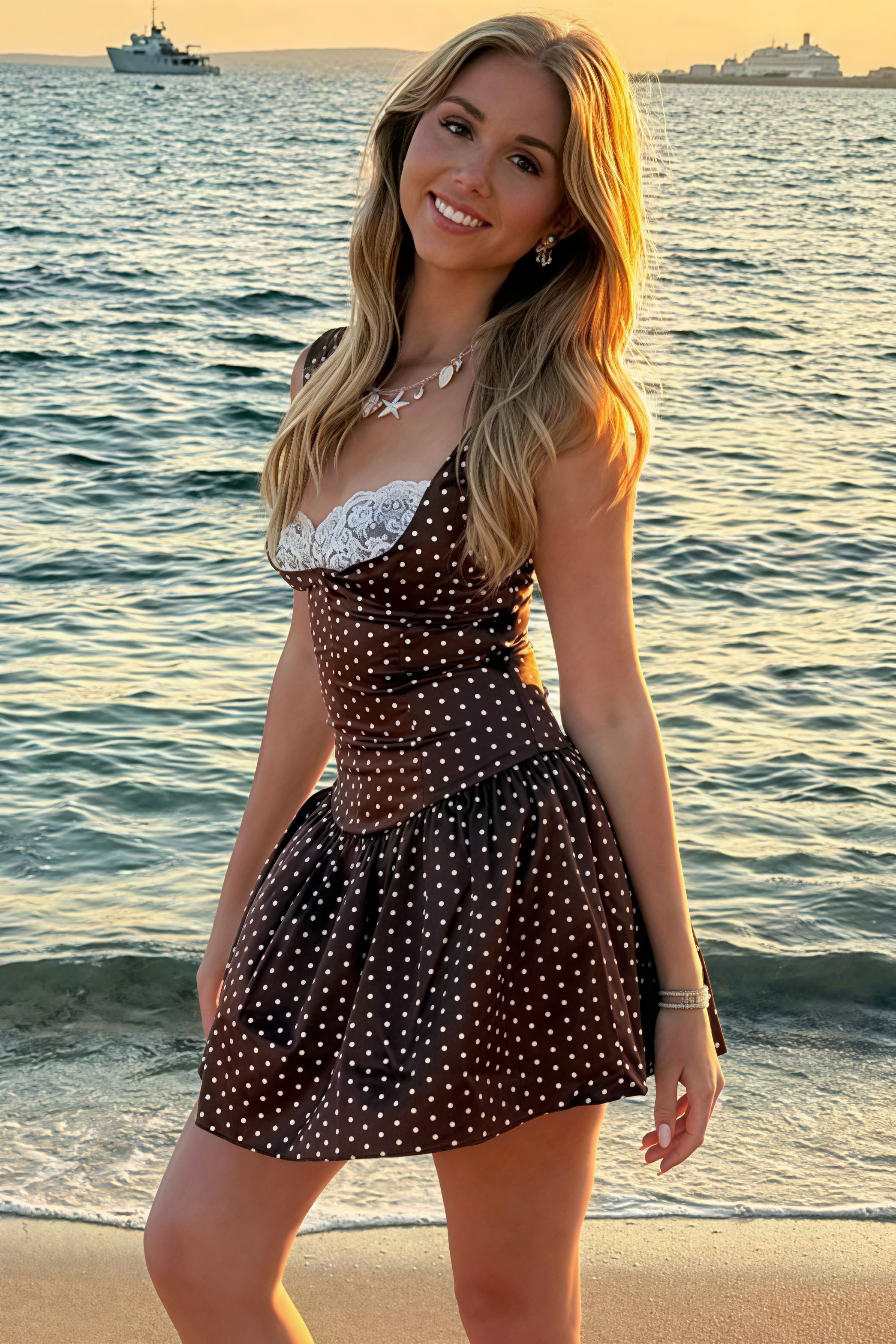 Polka Dot Lace Trim Bustier Square Neck Drop Waist Mini Dress