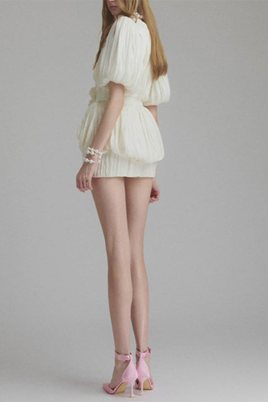 Apricot High Waist Ruched 3D Floral Applique Bodycon Mini Dress