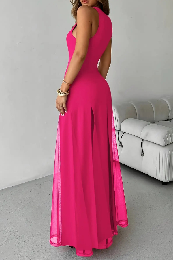 Solid Color Round Neck Sleeveless Slim Fit Sheer Patchwork Hem Maxi Dress