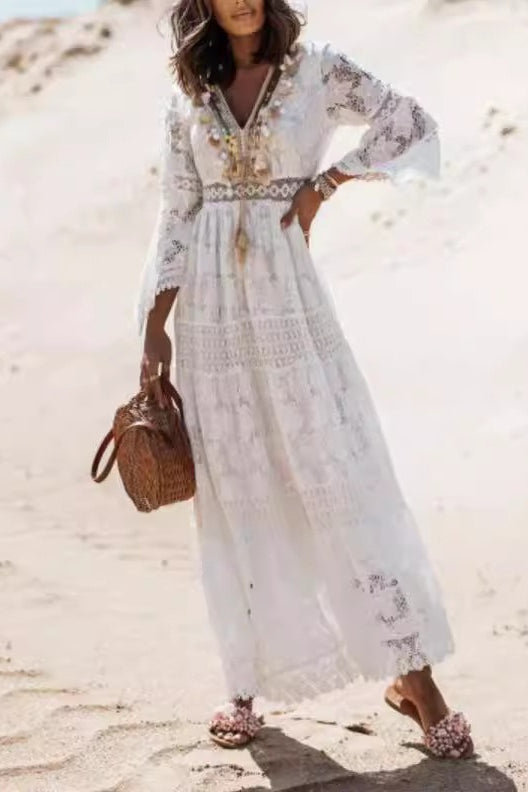 Lace Deep V-Neck Seashell Tassel Long Bell Sleeve Panel High Split Maxi Dress