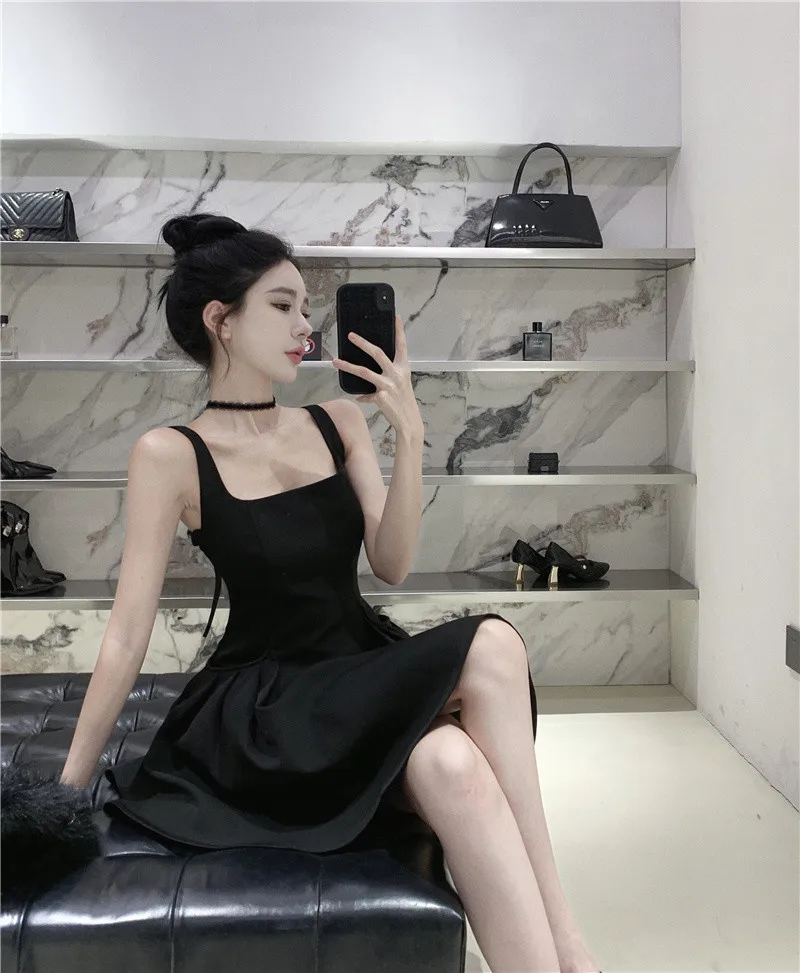 Y2K Black Short Dress Women Spaghetti Strap New Summer Sexy Evening Party Dresses with Pockets French Vintage Backless Clothing