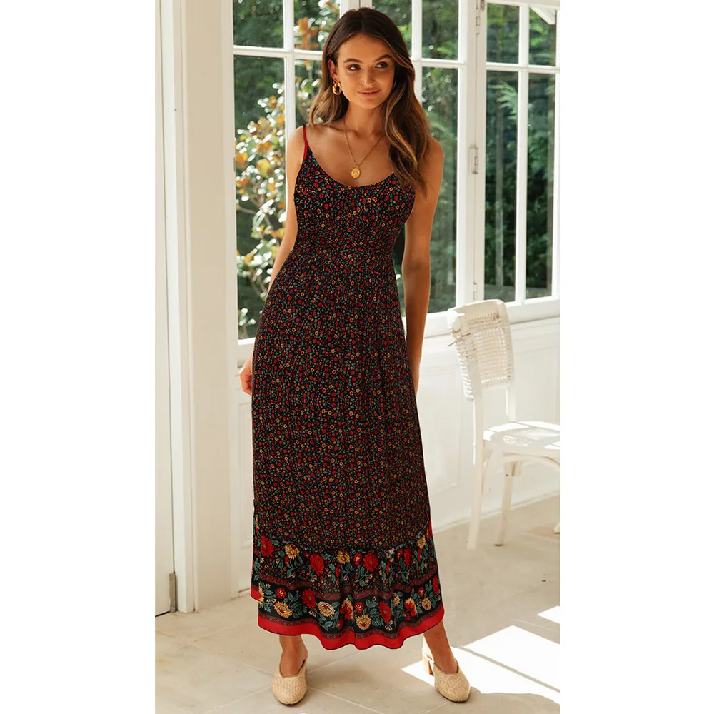 Bohemian Floral Spaghetti Strap Dresses Women Sexy V-neck Backless Casual Beach Vacation Long Dress Female Vestidos Summer New 30 undefined