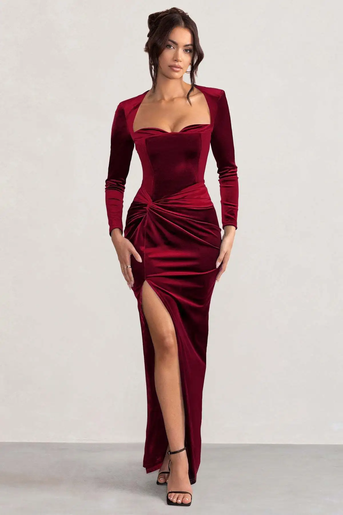 Sexy Velvet Elastic Tight Long Sleeved Dress Elegant Bodycon Slit Party Evening Dress Autumn/winter 2025New Slim Vestido