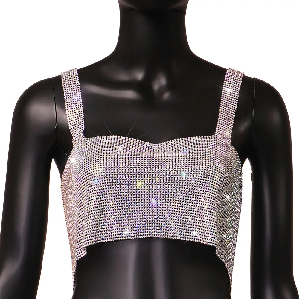 Ootddress Metal Mesh Rhinestone Sleeveless Tank Top Women Back Hollow Chain Crop Tops Hot Girl Beach Sexy Club Party Vest Femme