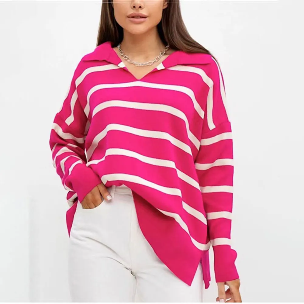 Ootddress V-Neck Knit Casual Pullover For Women Striped Slim Long Sleeve Contrast Loose Sweater High Street Knitwear Pullover Top