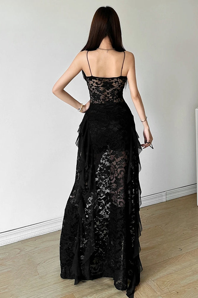 Deep V-Neck Keyhole Cutout Spaghetti Strap Floral Lace Column Maxi Dress