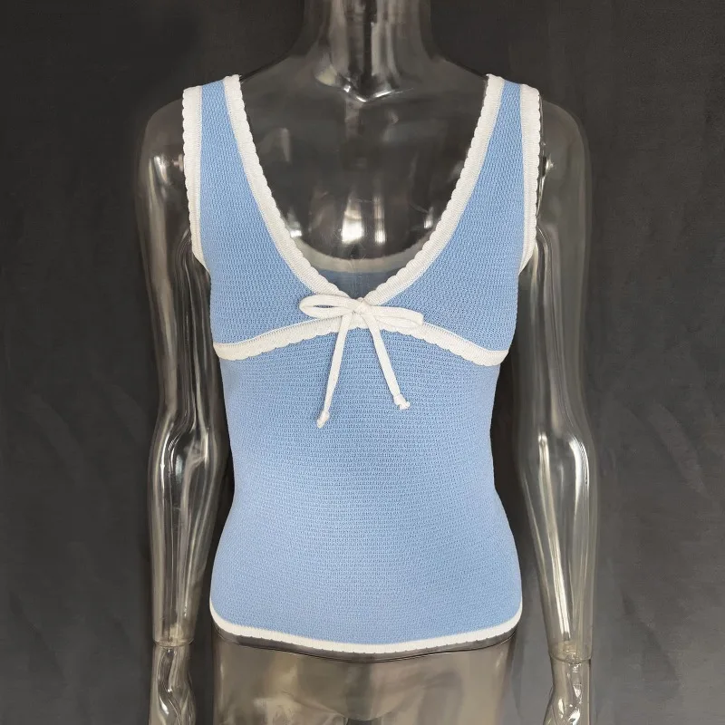 Ootddress Retro Deep V Neck Crop Top Women Y2k Ruffle Vintage Tank Tops Womens Tie Up Bow Knitted Woman Backless Cute Tops 2025 New