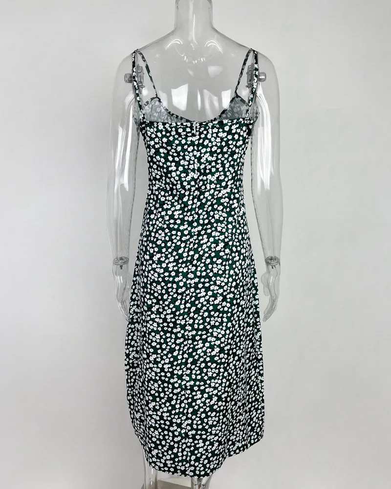 Flower Printed Spaghetti Strap Dresses For Women Sexy Low Cut Beach Party Slim Slit Dress Chic Bodycon Lady Sleeveless Vestidos 30 undefined