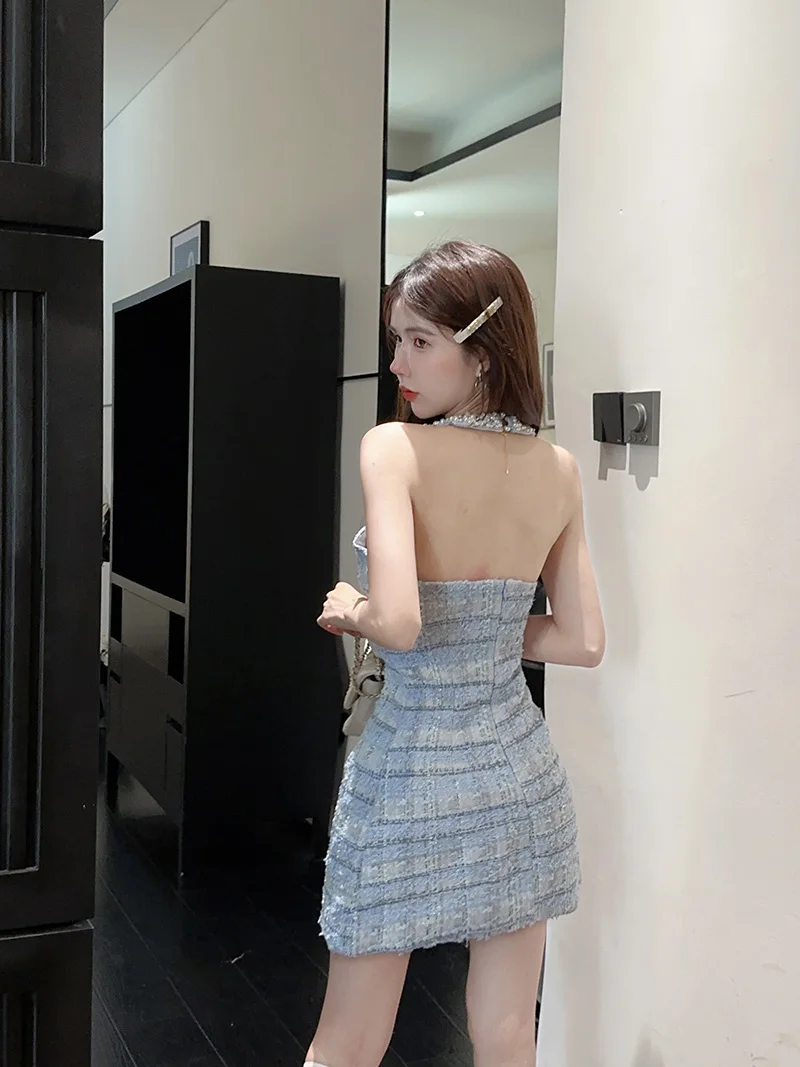 Sexy Halter Mini Dress Women Sleeveless Rhinestone Patchwork Shiny Slim Fashion Backless Evening Party Dresses Club Prom Vestido