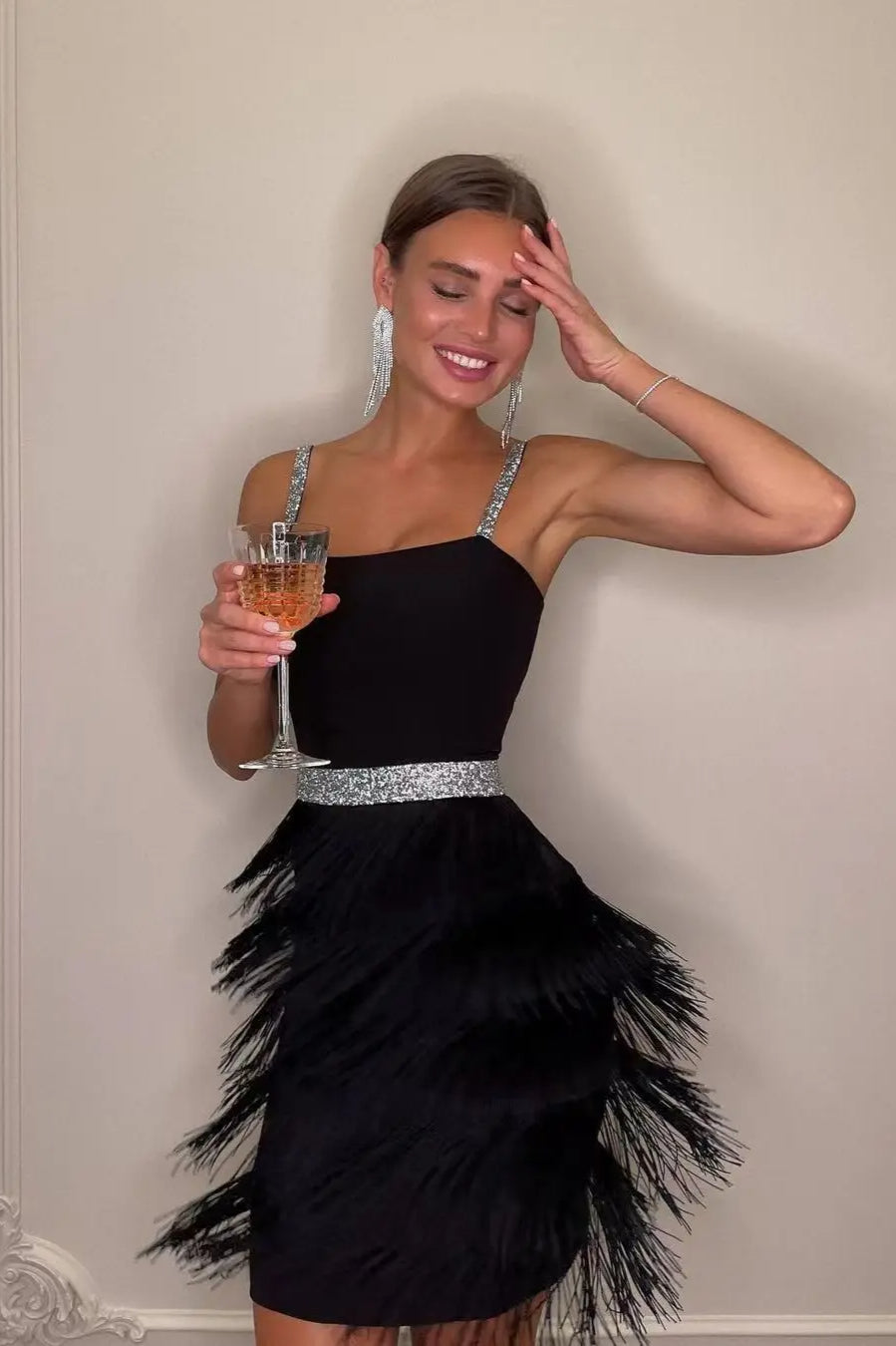 Sequin Strap Square Neck Tiered Fringe Cocktail Mini Dress