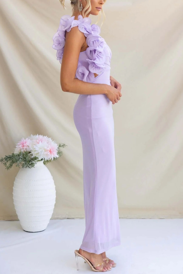 Fashionable Mesh Sleeveless One-shoulder Waist-revealing Maxi Dress