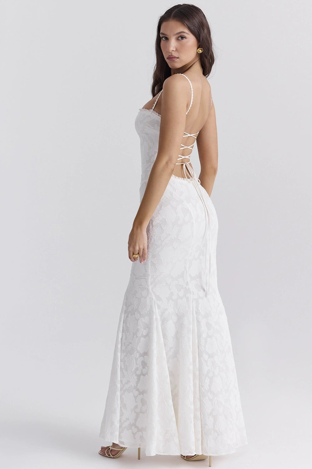 Jacquard Square Neck Spaghetti Strap Mermaid Maxi Gown