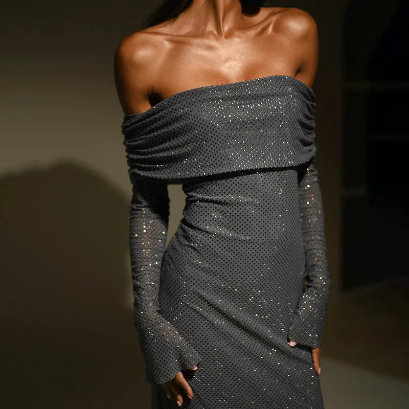 Ootddress Luxury Sequin Fashion Maxi Dress Female Off-Shoulder Pleated Slim Glitter Long Sleeve Backless Party Dress Gown Ladies