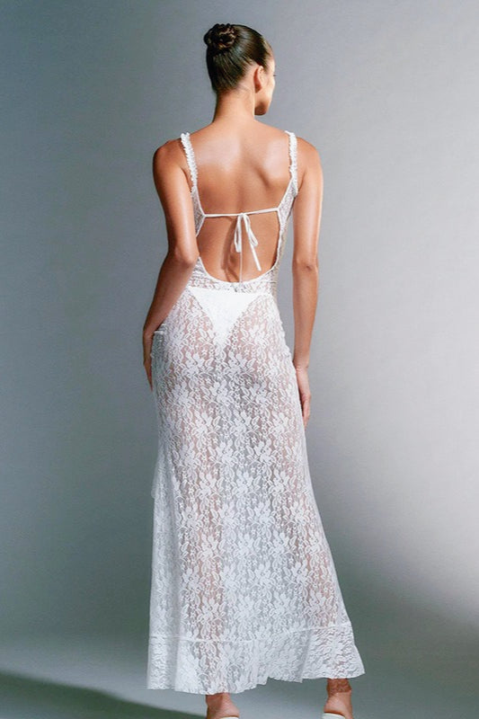 Floral Lace Scoop Neck Spaghetti Strap Ruffle High Split Maxi Dress