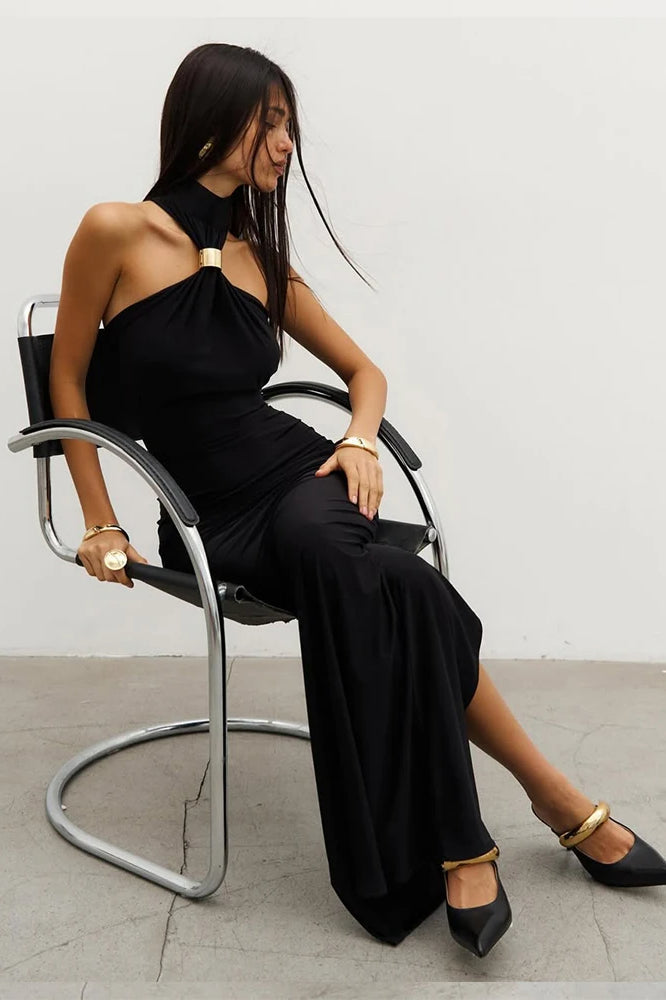 Halter Neck Metal Ring Keyhole Draped Ruched Column Maxi Dress