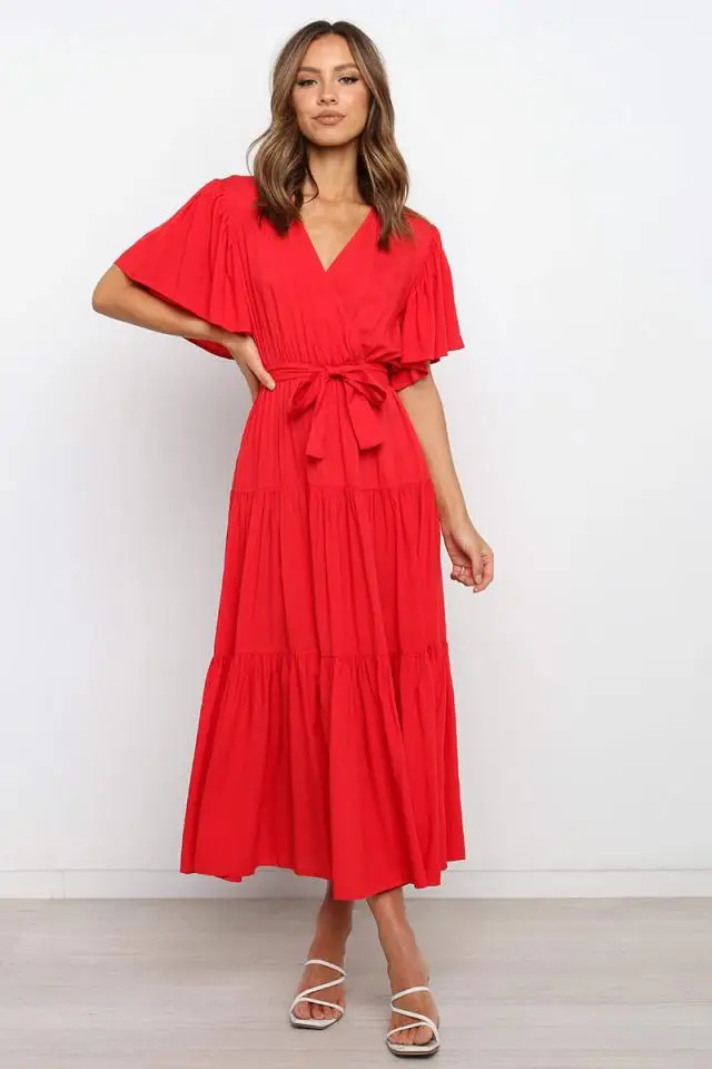Trendy Solid Color Ruffles Long Dresses Women Sexy V-neck Ruffle Sleeves Leace-up Temperament Elegant Lady Dress 2025 Summer New 37 undefined