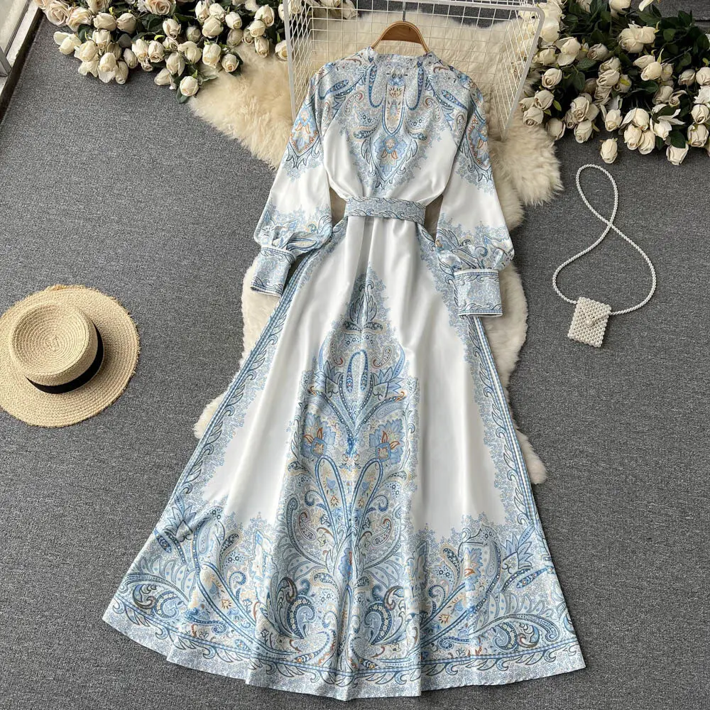 New Women Vintage Party Dress Fashion Long Sleeve Single Breasted Stand Collar Elegant Printed Long Dresses Spring Autumn Robe