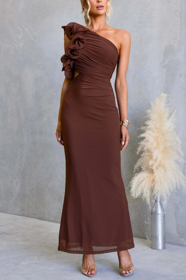 Fashionable Mesh Sleeveless One-shoulder Waist-revealing Maxi Dress