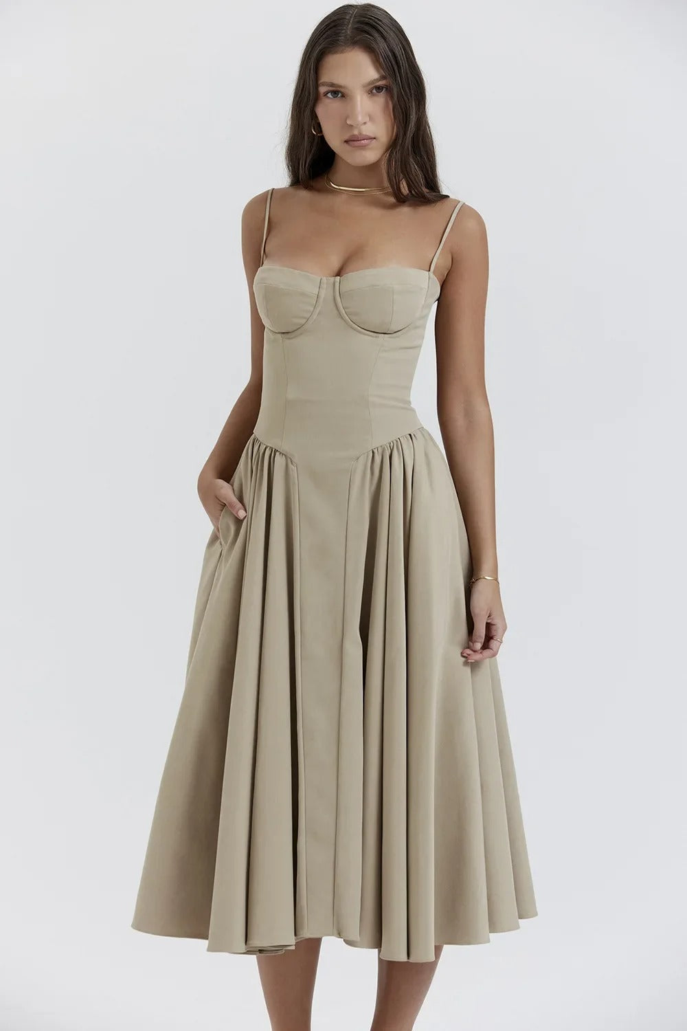 Bustier Sweetheart Spaghetti Strap Drop Waist Fit and Flare Midi Dress