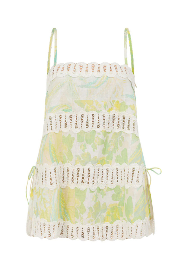 Summer Elegant Printed Curved Crochet Trim Camisole Top and Elastic Waist Casual Pocket Wide-leg Pants Set