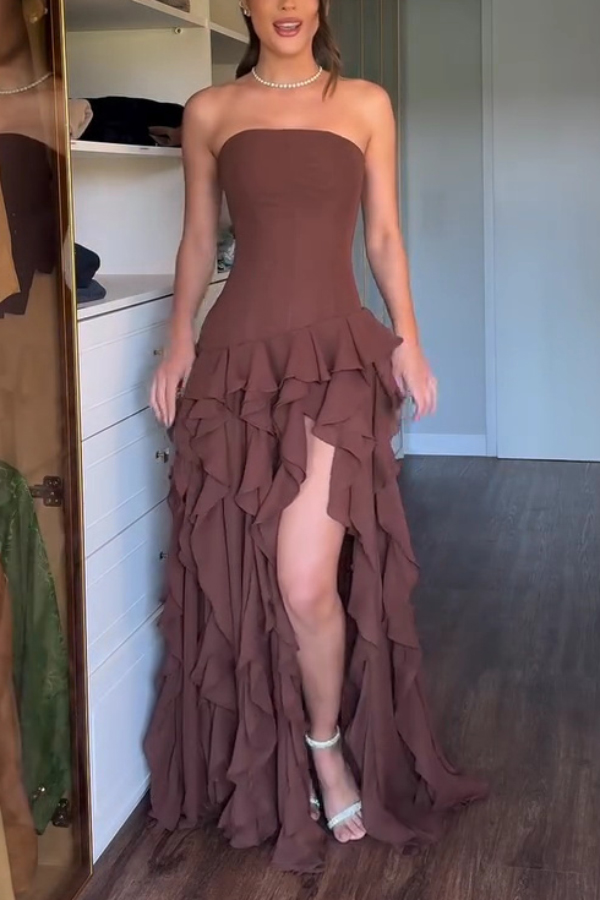 Elegant Sleeveless Off-shoulder Fitted Ruffled High Slit Maxi Dress