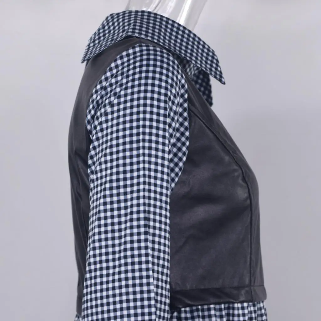 Plaid Shirt Casual Vestidos Long Sleeve White Short Dress For Women Summer PU Leather Patchwork Sweet Office Ladies Mini Dresses