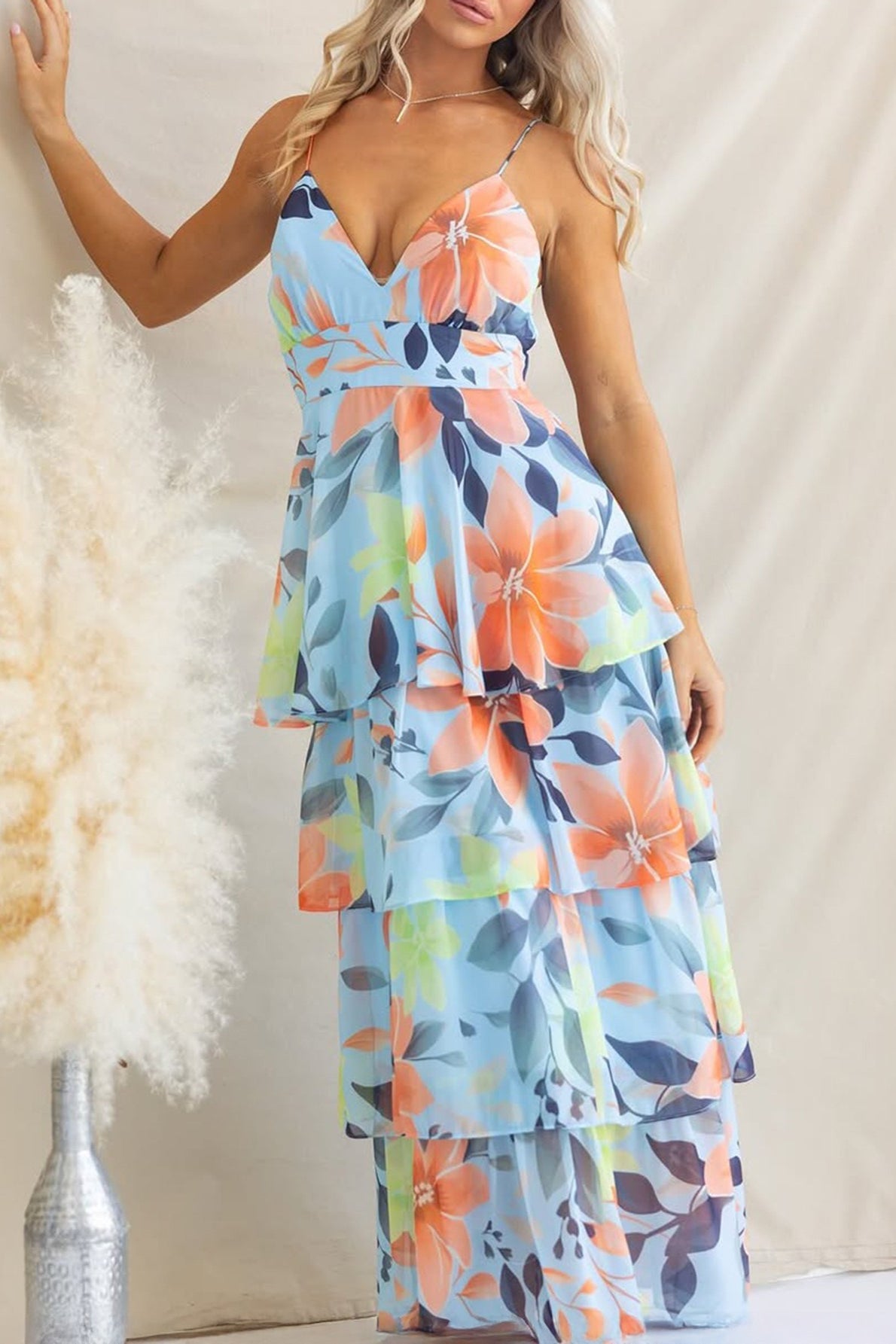Spaghetti Strap Deep V Floral Print Tiered Ruffle Maxi Dress
