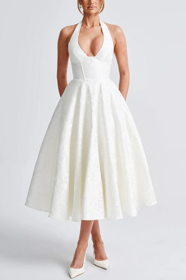 Stylish Jacquard Halter Neck Fitted Waist Open Back Elegant Midi Dress