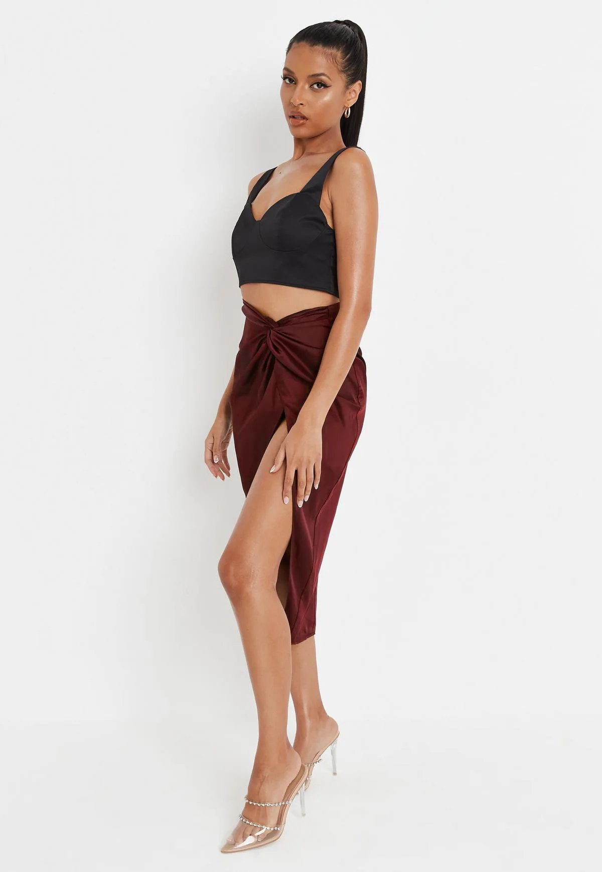 Ootddress Women Solid Satin High Splite Out Sexy Skirts Folds Irregular High Waist Bodycon Long Skirts Female French Style Outwears