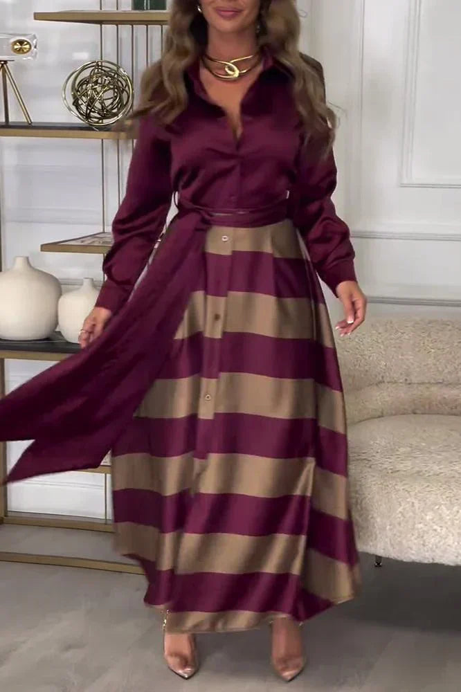 Collared Long Sleeve Button Down Tie Waist Striped Maxi Dress