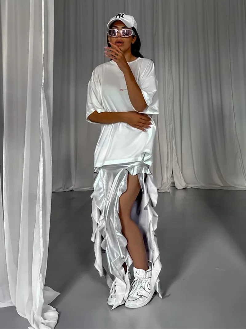 Ootddress High Waist Bodycon Long Skirt For Women 2025 Casual Hollow Out Tassel Faldas Ajustadas Side Slit Party Maxi Skirts Woman