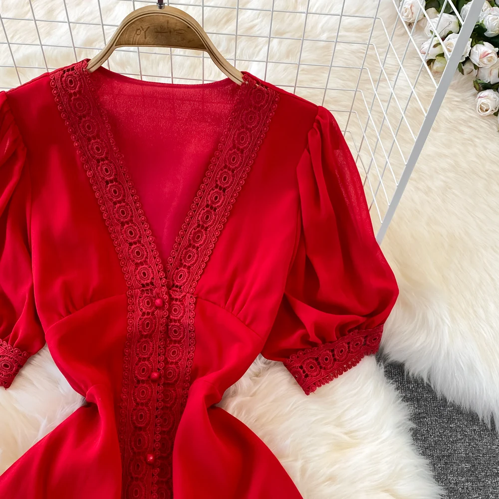 New Women Vintage Party Dress Summer Puff Sleeve Sexy V Neck Lace Single-breasted Long Dresses Ladies A Line Elegant Long Robe 8 New Women Vintage Party Dress Summer Puff Sleeve Sexy V Neck Lace Single-breasted Long Dresses Ladies A Line Elegant Long Robe