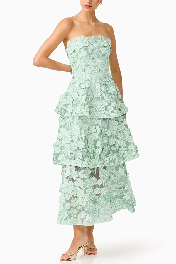 Cocktail Events 3D Embroidery Floral Detail Off Shoulder Tiered Hem Maxi Dress