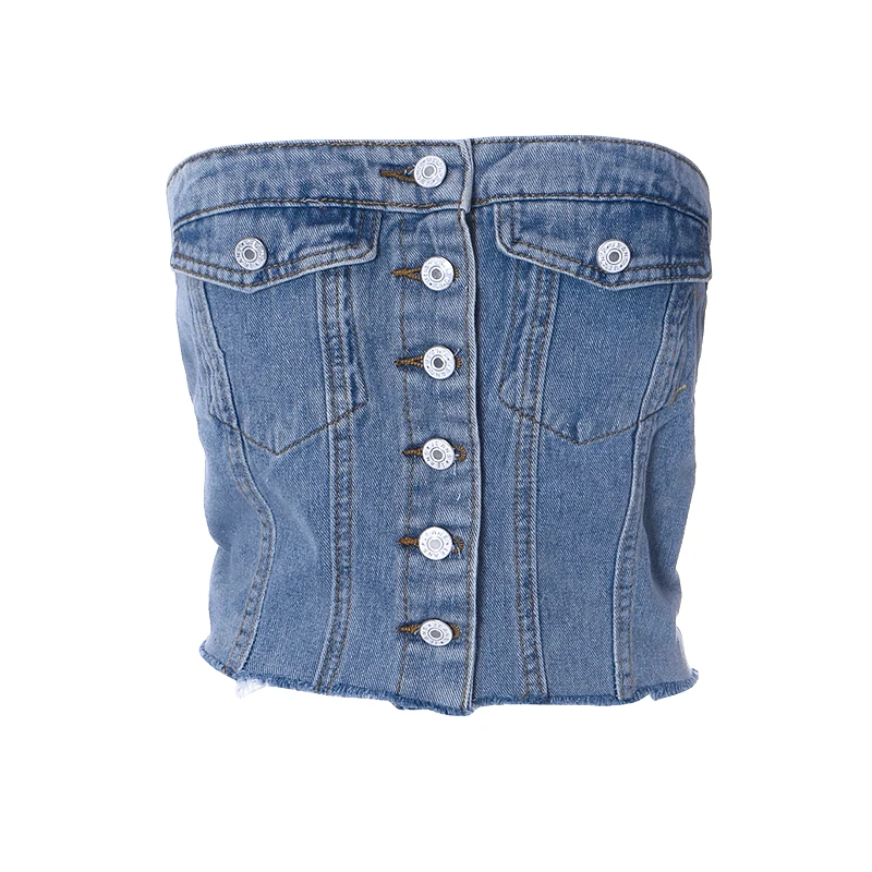 Solid Denim Pocket Design Button Vest Women Casual Bare Midriff Wrapped Chest Sleeveless Crop Tops Streetwear Tanks - Sleeveless Crop Tops Streetwear Tanks - Women Casual Bare Midriff Wrapped Chest - Solid Denim Pocket Design Button Vest