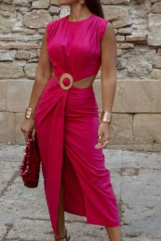 Ring Detail Waist Cutout Split Hem A-Line Midi Dress