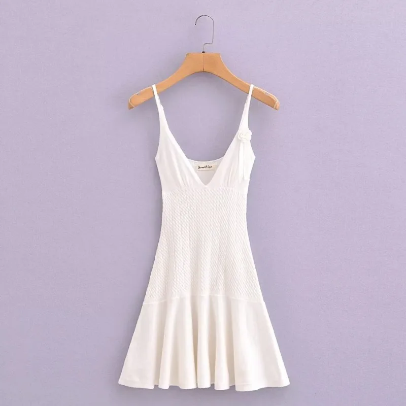 Ootddress Ruffle Knitted Dress For Women Sleeveless V Neck Slim Splice Flower Sundress Ladies Casual Fashion Y2k Solid Dress Woman