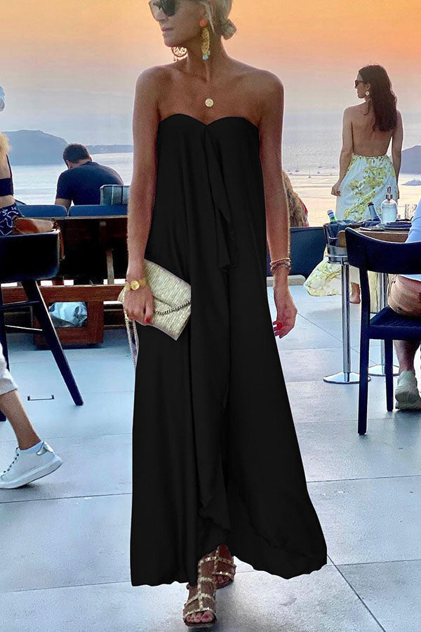 Satin Strapless Ruffle Panel Floor Length Maxi Gown