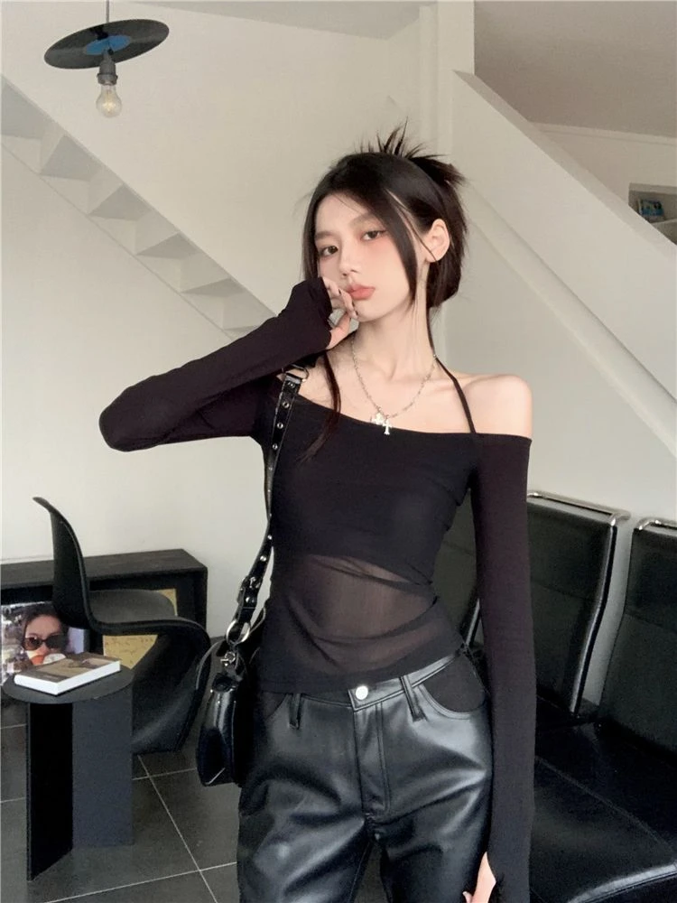Long Sleeve Top Womens Halter 2025 Casual Tee Shirt Gauze Trendy Off Shoulder T Shirts Femme Y2k Crop Top Streetwear Party Club 17 Long Sleeve Top Womens Halter 2025 Casual Tee Shirt Gauze Trendy Off Shoulder T Shirts Femme Y2k Crop Top Streetwear Party Club