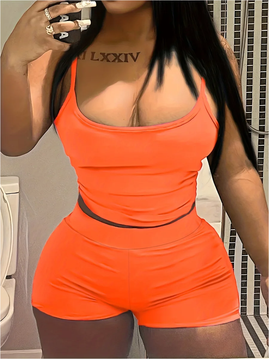 Women Chic Cami Skinny Stretchy Shorts Set Suspenders Top - Stylish and Comfortable