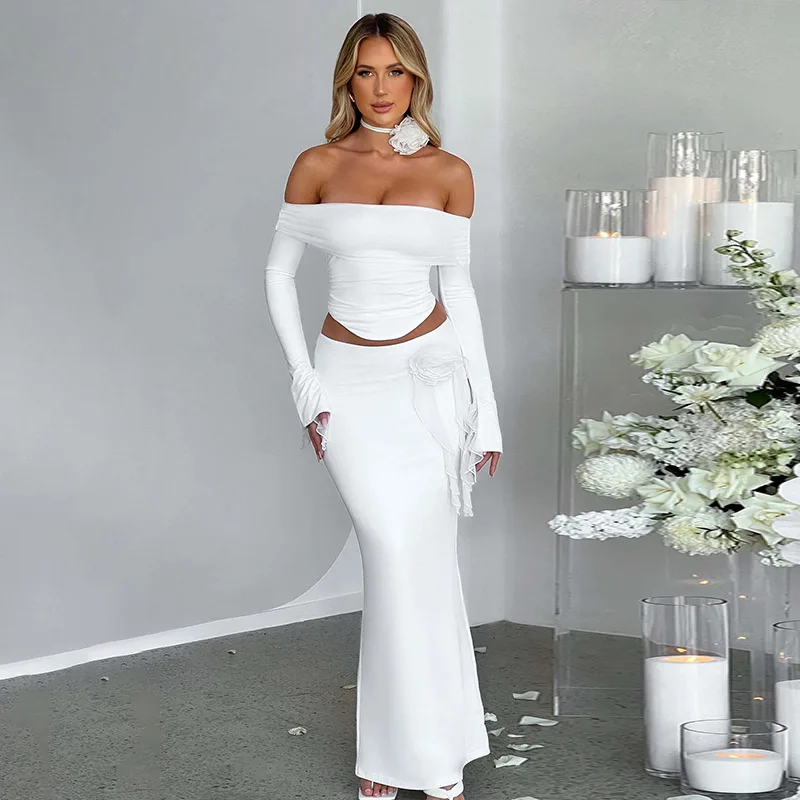 Ootddress Winter New Sexy Long Sleeved Half Skirt Set For Woman 3D Flower Slim Tight Long Skirt Party Evening Dress Two Piece Set 12 Ootddress Winter New Sexy Long Sleeved Half Skirt Set For Woman 3D Flower Slim Tight Long Skirt Party Evening Dress Two Piece Set