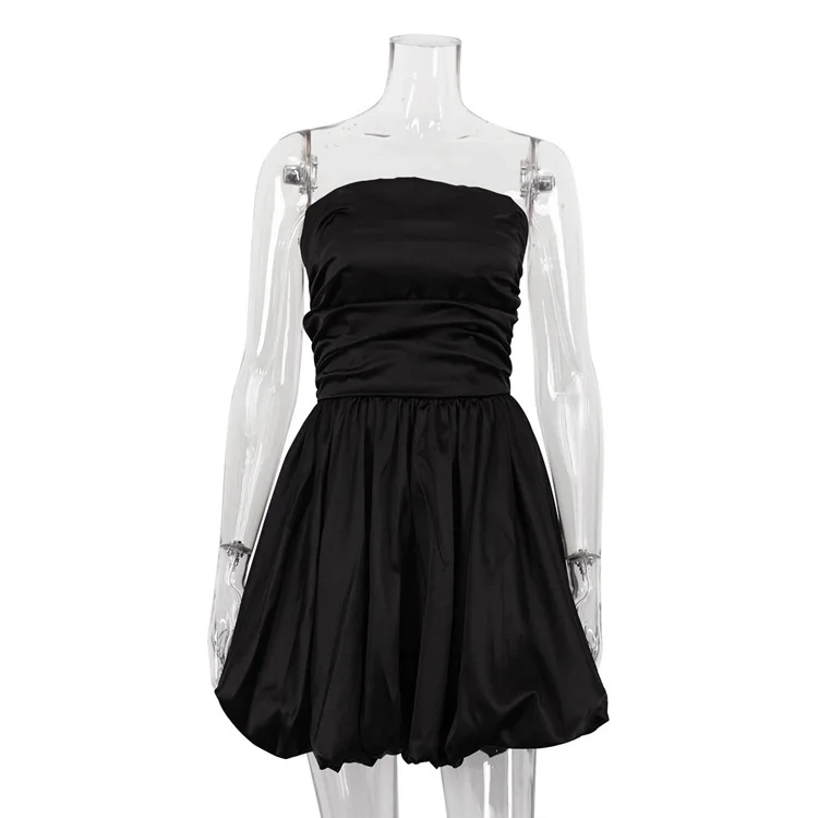 Ootddress Satin Strapless Pleated Mini Dress For Women Robe Off-shoulder Backless Sleeveless A-line Bodycon Sexy Dress Elegant