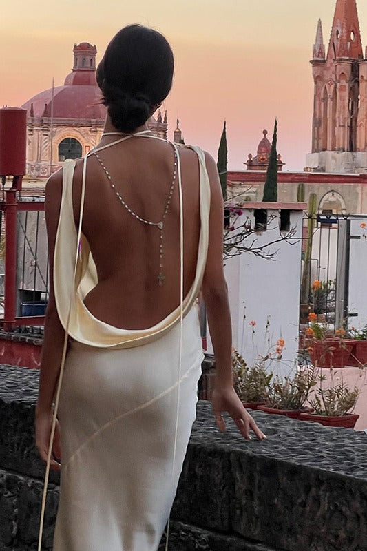 Satin Cowl Neck Backless Dress