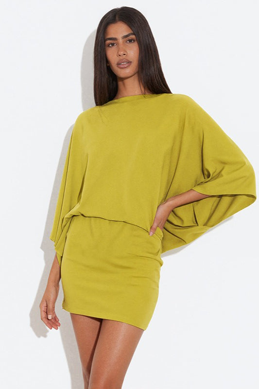 Deep Back Cowl Neck Draped Wing Sleeve Loose Mini Dress