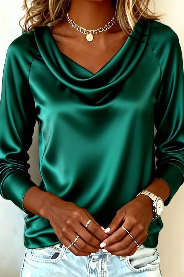 Solid Color Satin Casual Long-sleeved Draped Shirt