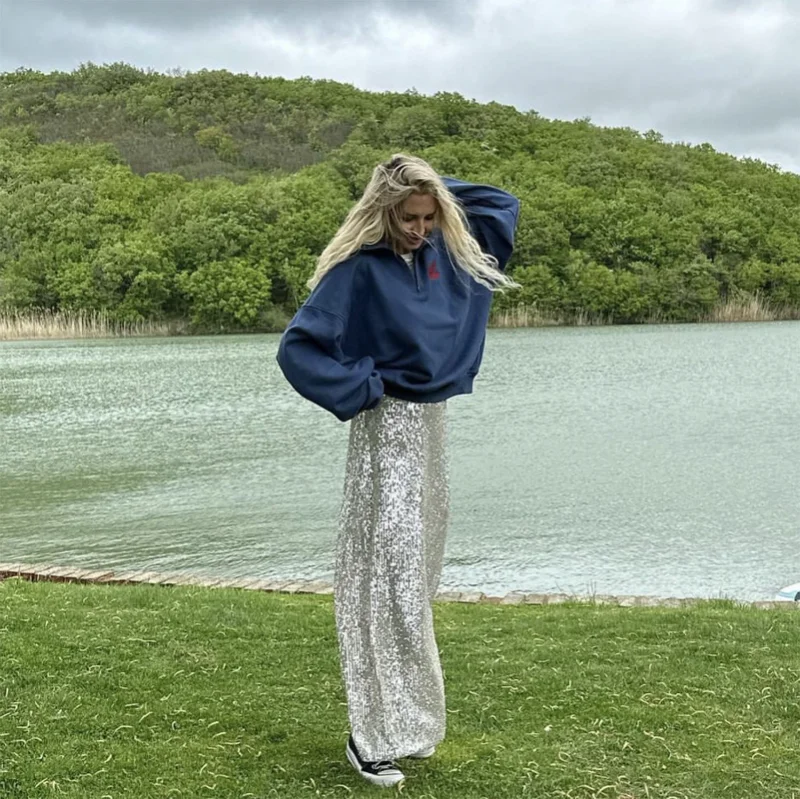 Ootddress Sequins Loose Dress Sets Women Long Sleeve Crop Tops High Waist Sexy Maxi Skirts Ladies Two Piece Suits Womens Outifits