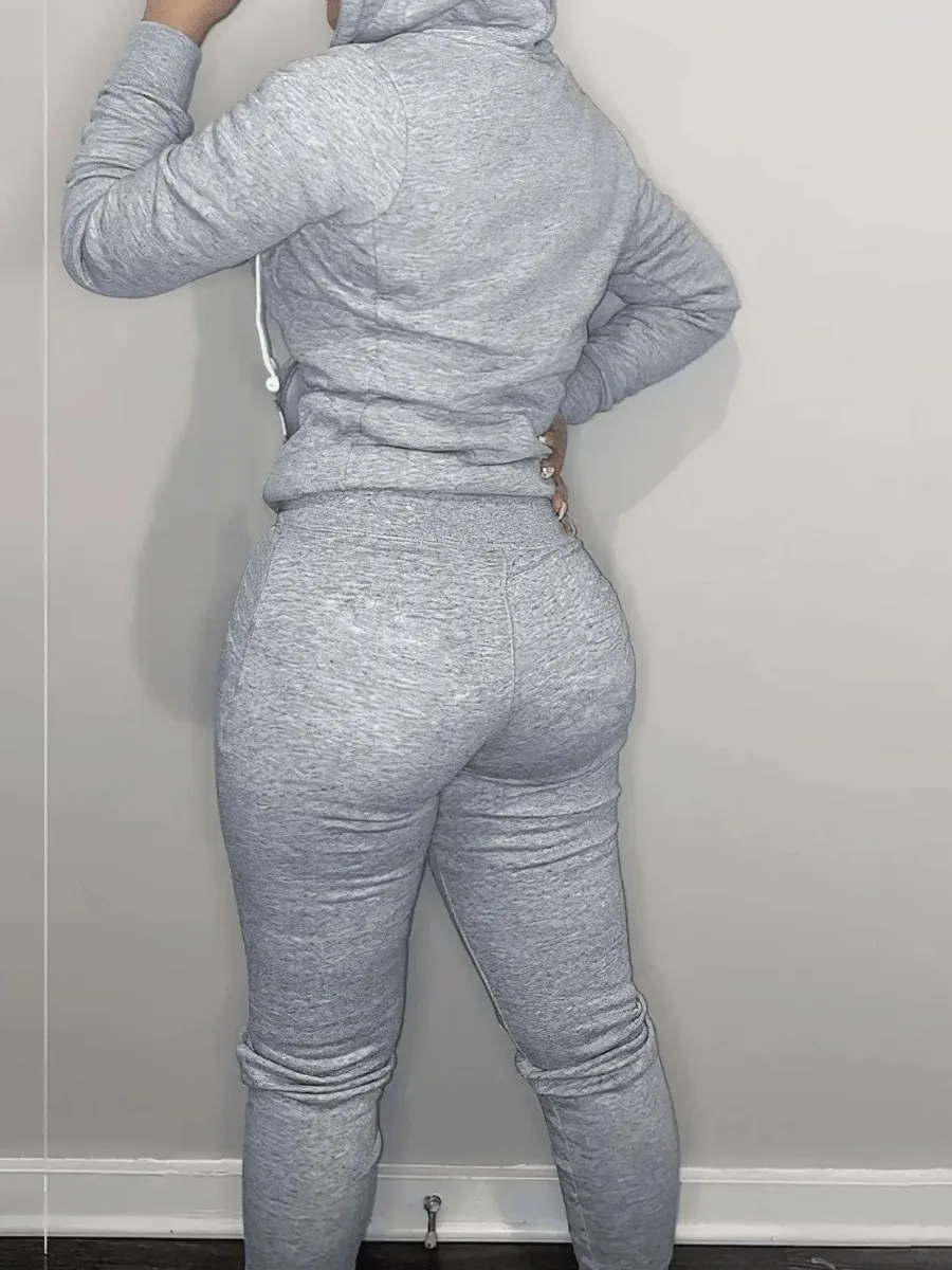 Simple Two Piece Set Women Casual Sporty Long Sleeve Zipper Design Top Hooded Collar Broken Heart Print Female Tracksuit Set