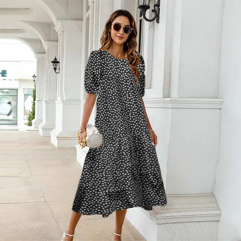 2025 Summer New Women's Print Dress Puff Short Sleeves Ruffles Loose A-line Midi Dresses Fashion Casual Beach Vacation Vestidos 11 undefined
